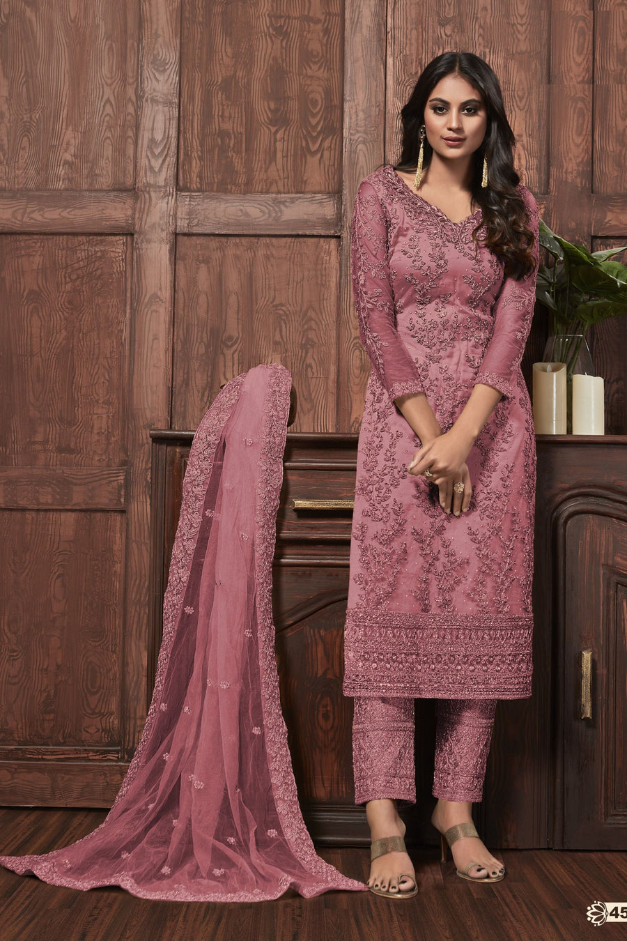 Light Gray Pakistani Net Salwar Kameez For Wedding & Festival - Embroidery Work