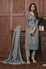 Light Gray Net Kameez With Pant For Indian Festival & Pakistani Wedding - Embroidery Work 1400