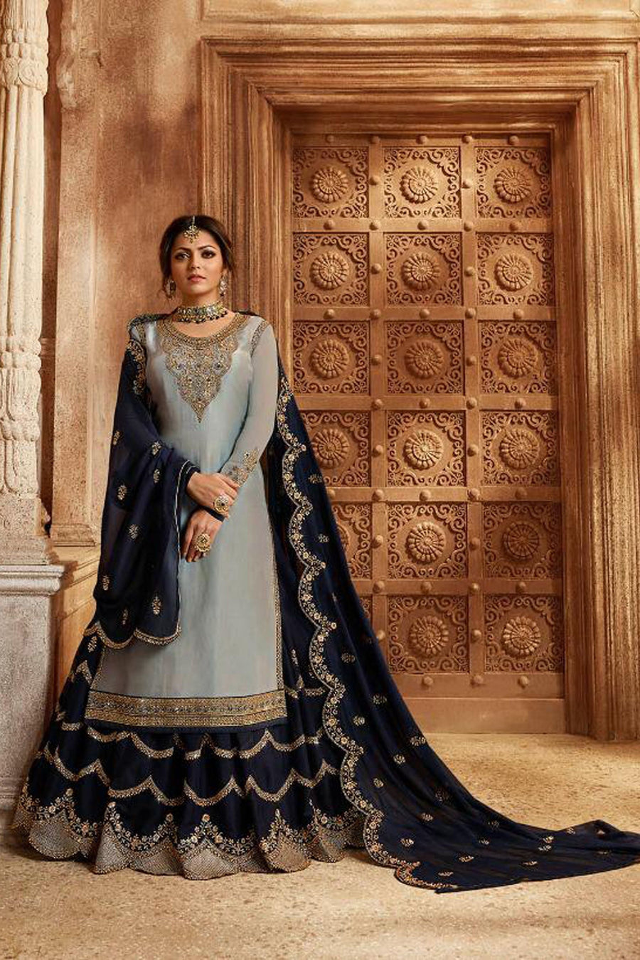 Light Gray Pakistani Satin Georgette Salwar Kameez For Wedding & Festival - Embroidery Work