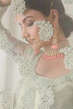 Light Green Pakistani Net Lehenga Choli For Indian Festivals & Weddings - Thread Embroidery Work, Codding Embroidery Work, Butta Work, Stone Work