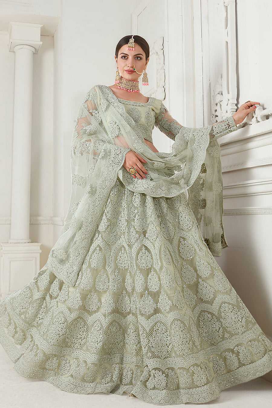 Light Green Pakistani Net Lehenga Choli For Indian Festivals & Weddings - Thread Embroidery Work, Codding Embroidery Work, Butta Work, Stone Work
