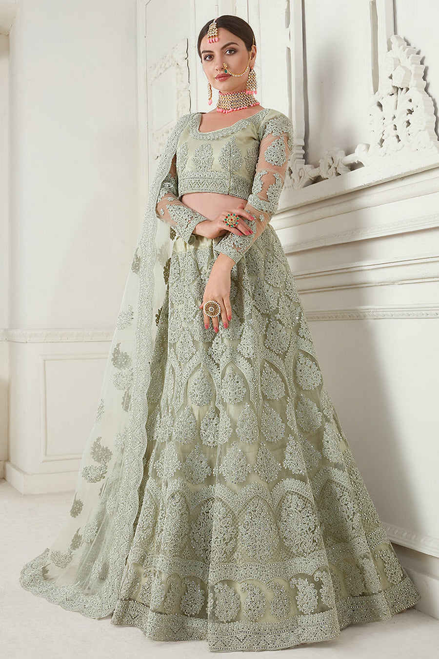 Light Green Pakistani Net Lehenga Choli For Indian Festivals & Weddings - Thread Embroidery Work, Codding Embroidery Work, Butta Work, Stone Work