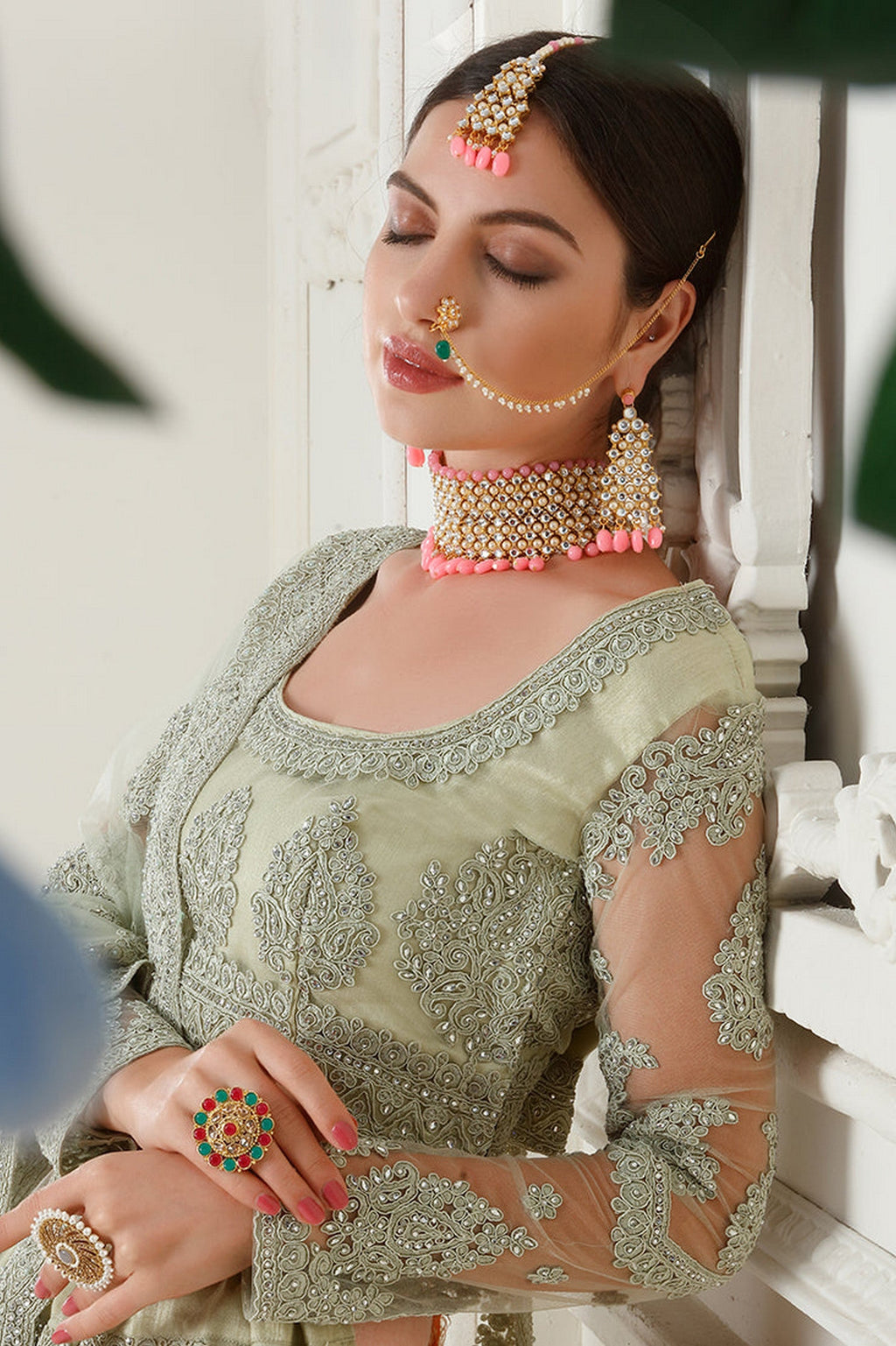 Light Green Pakistani Net Lehenga Choli For Indian Festivals & Weddings - Thread Embroidery Work, Codding Embroidery Work, Butta Work, Stone Work