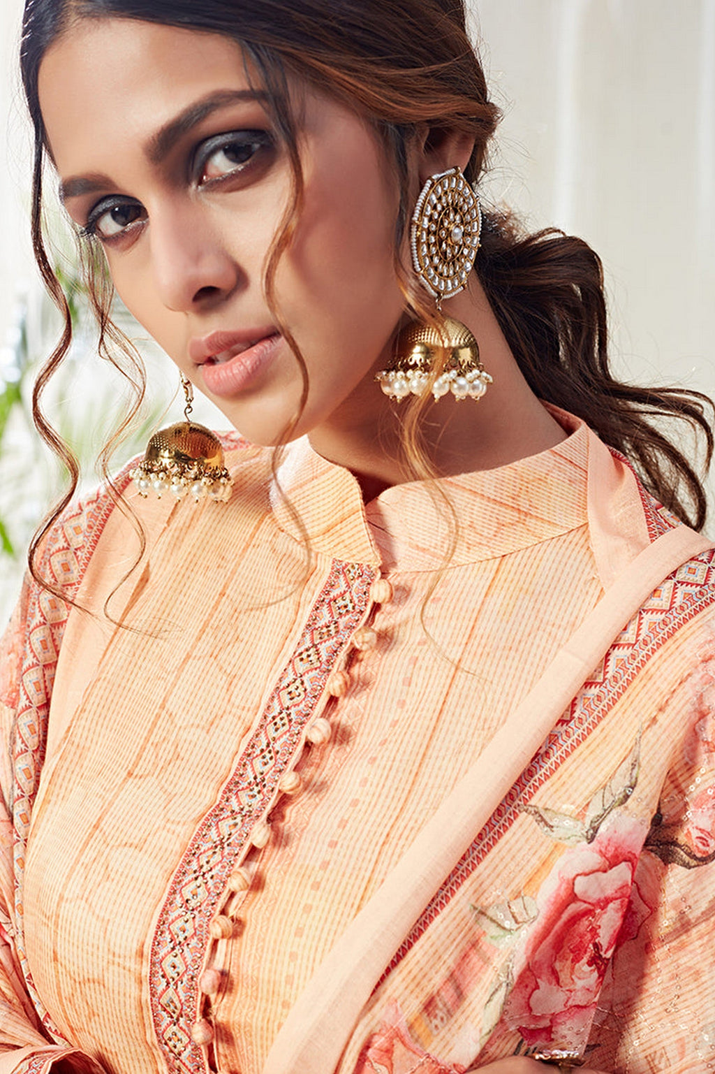 Light Orange Pakistani Cotton Salwar Kameez For Indian Festivals & Weddings - Print Work, Sequence Embroidery Work,