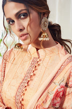 Light Orange Pakistani Cotton Salwar Kameez For Indian Festivals & Weddings - Print Work, Sequence Embroidery Work,