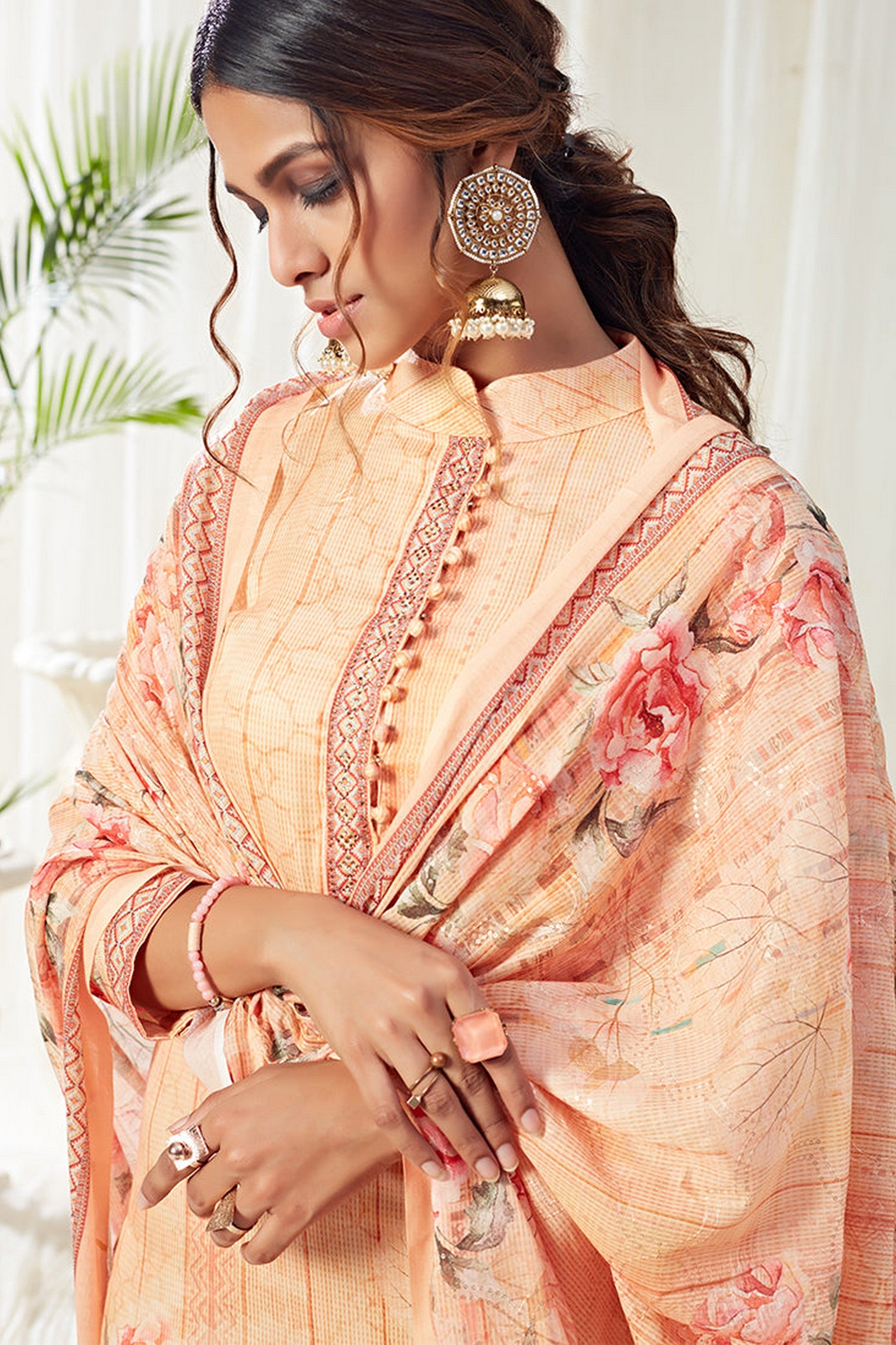 Light Orange Pakistani Cotton Salwar Kameez For Indian Festivals & Weddings - Print Work, Sequence Embroidery Work,