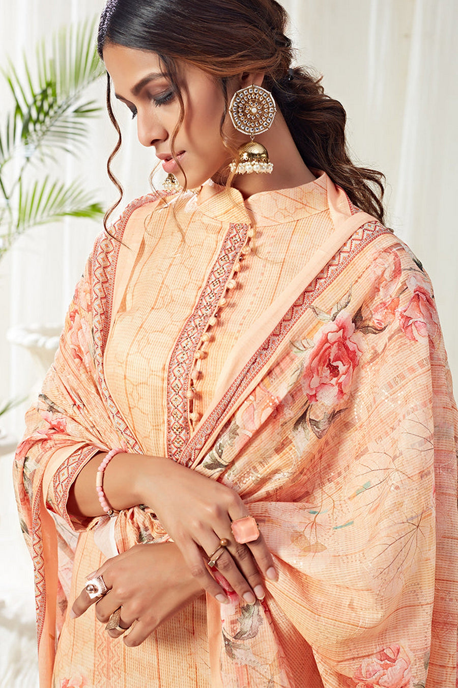Light Orange Pakistani Cotton Salwar Kameez For Indian Festivals & Weddings - Print Work, Sequence Embroidery Work,