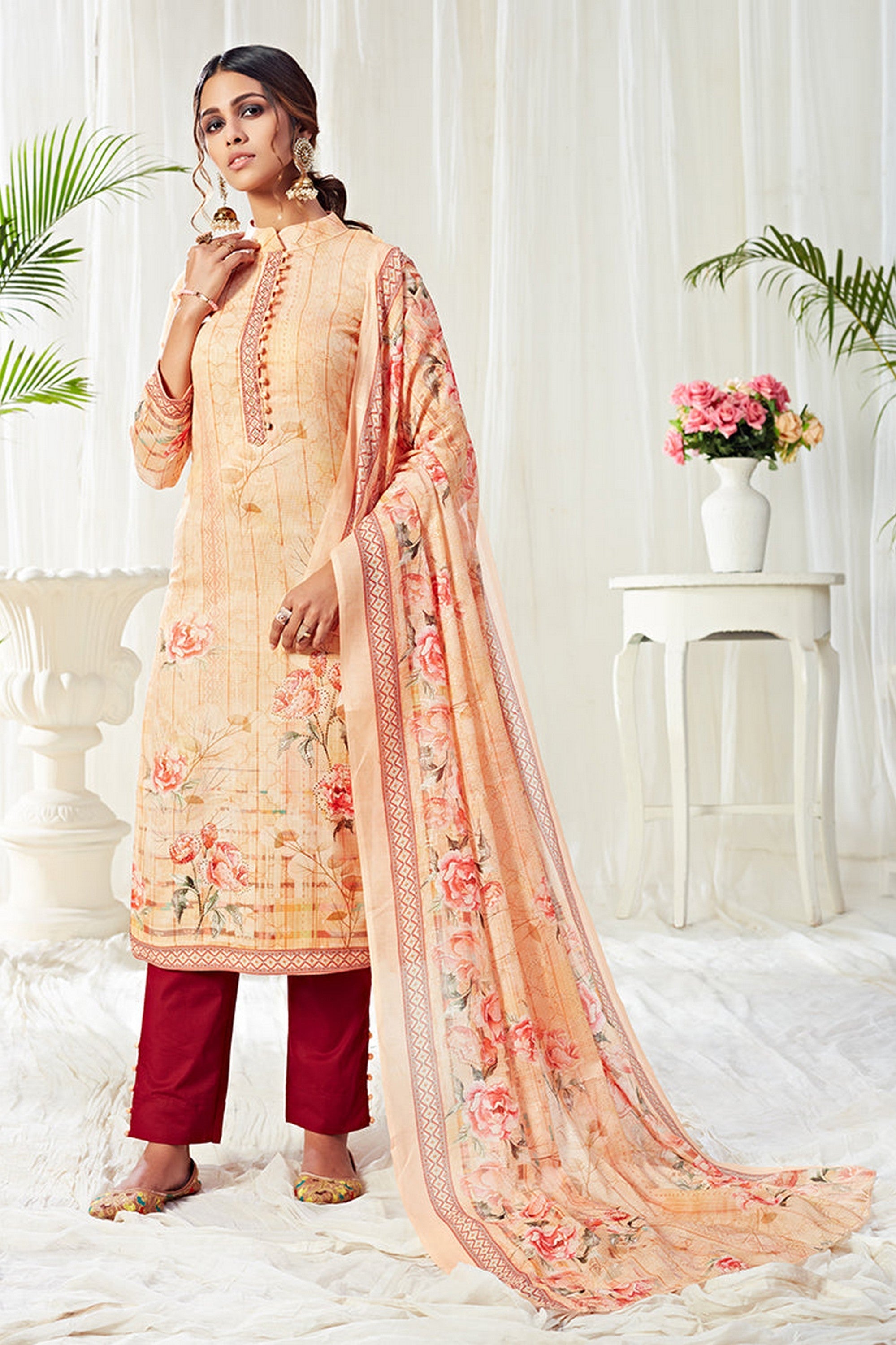 Light Orange Pakistani Cotton Salwar Kameez For Indian Festivals & Weddings - Print Work, Sequence Embroidery Work,