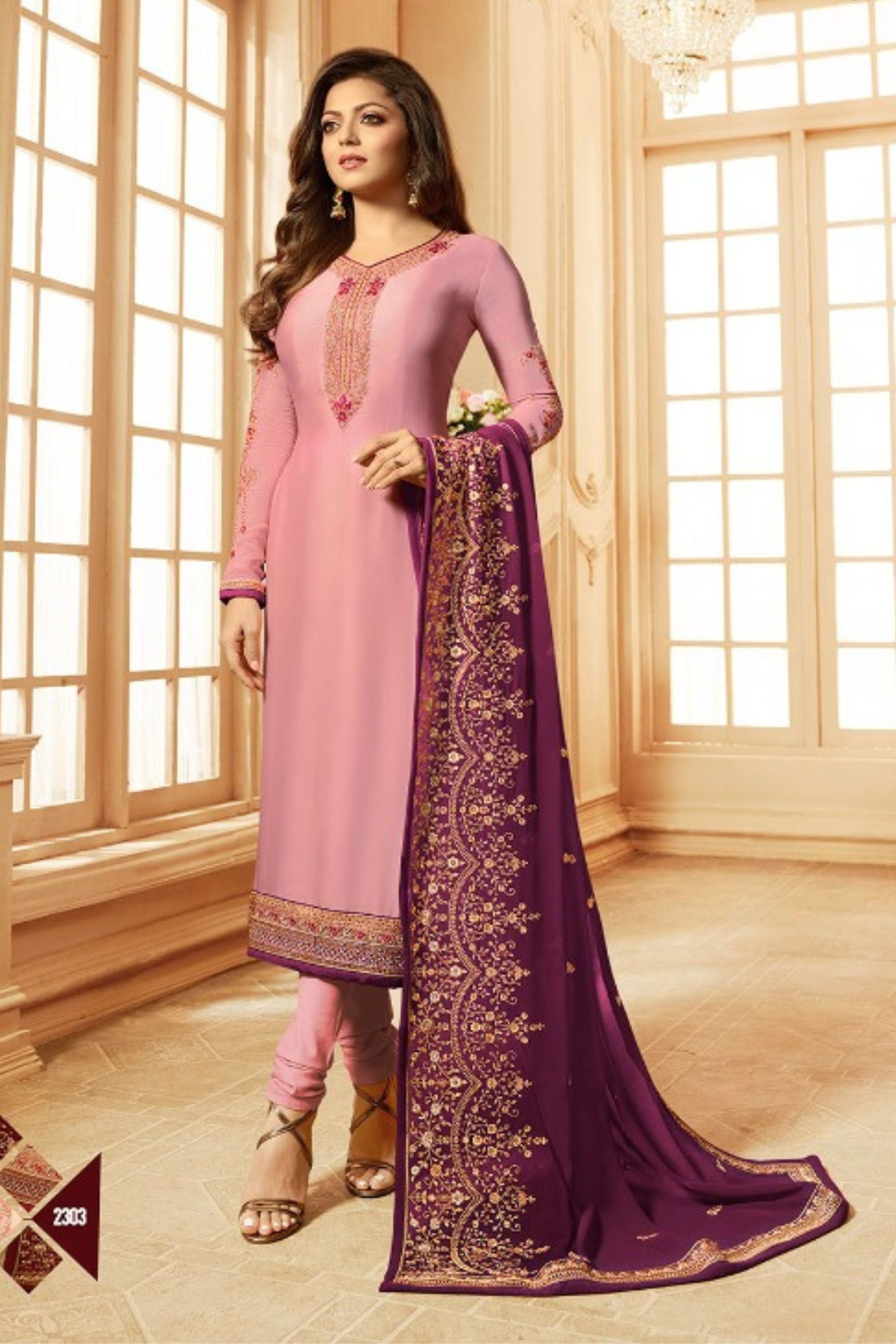 Light Pink Pakistani Georgette Salwar Kameez For Wedding & Festival - Embroidery Work