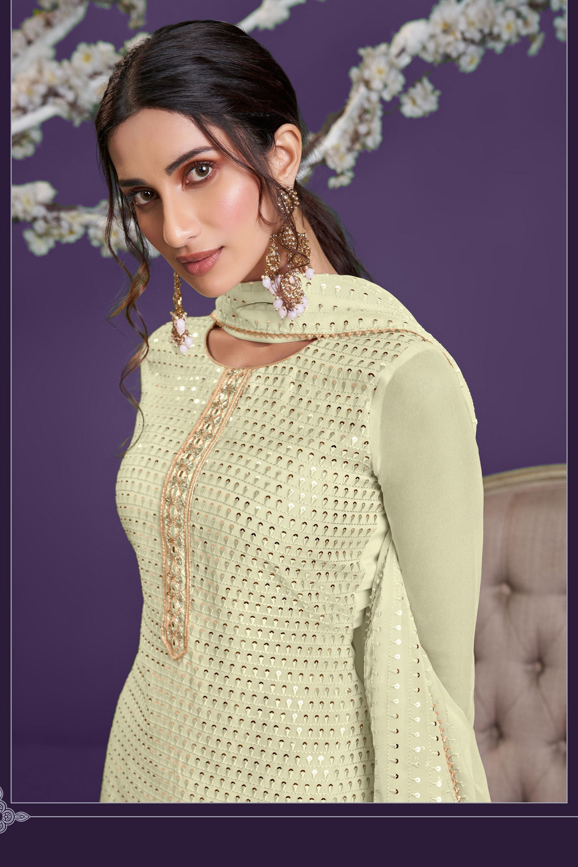 Yellow Pakistani Georgette Sharara For Indian Festivals & Weddings - Sequence Embroidery Work, Thread Embroidery Work, Khatli Work,