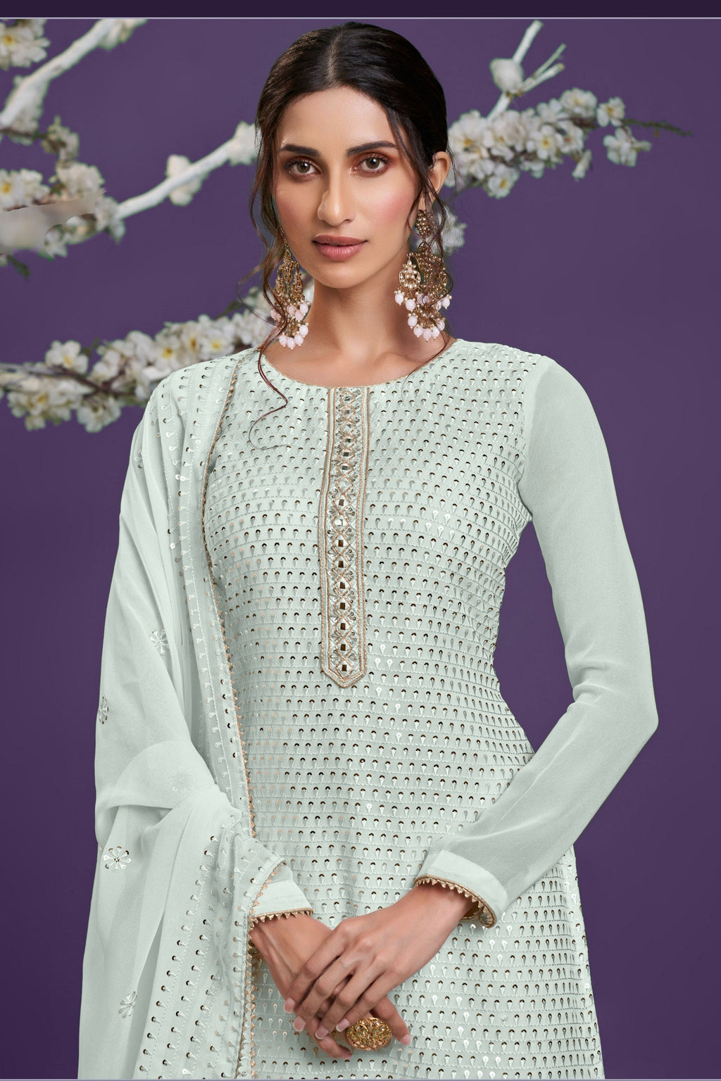 Light Pista Pakistani Georgette Sharara For Indian Festivals & Weddings - Sequence Embroidery Work, Thread Embroidery Work, Khatli Work,