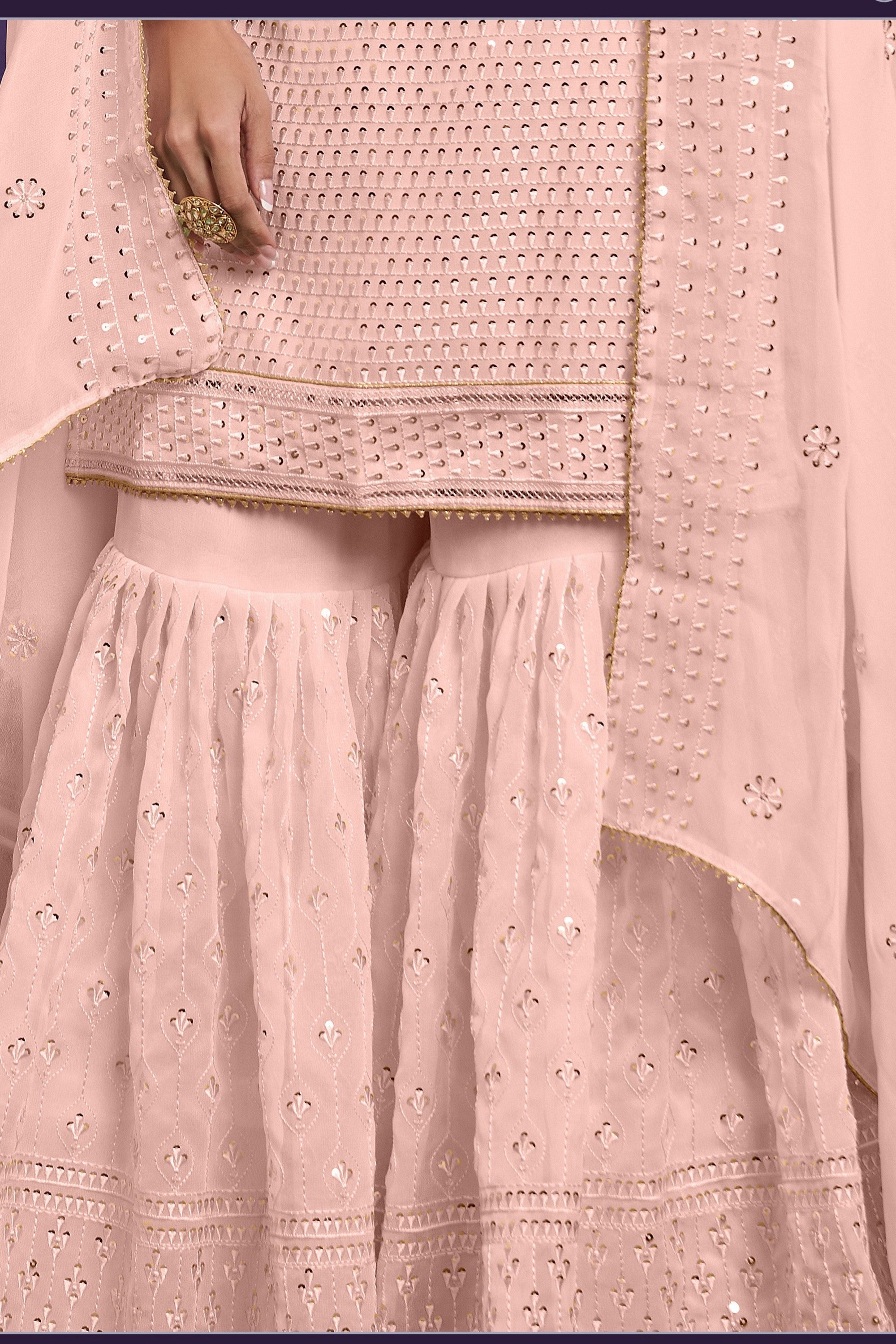 Light Pink Sharara Suits Pakistani Georgette For Indian Festivals & Weddings - Sequence Embroidery Work, Thread Embroidery Work, Khatli Work,