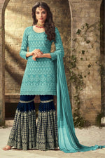 Turquoise Georgette Gharara Suit for Women for Wedding - Embroidery Work