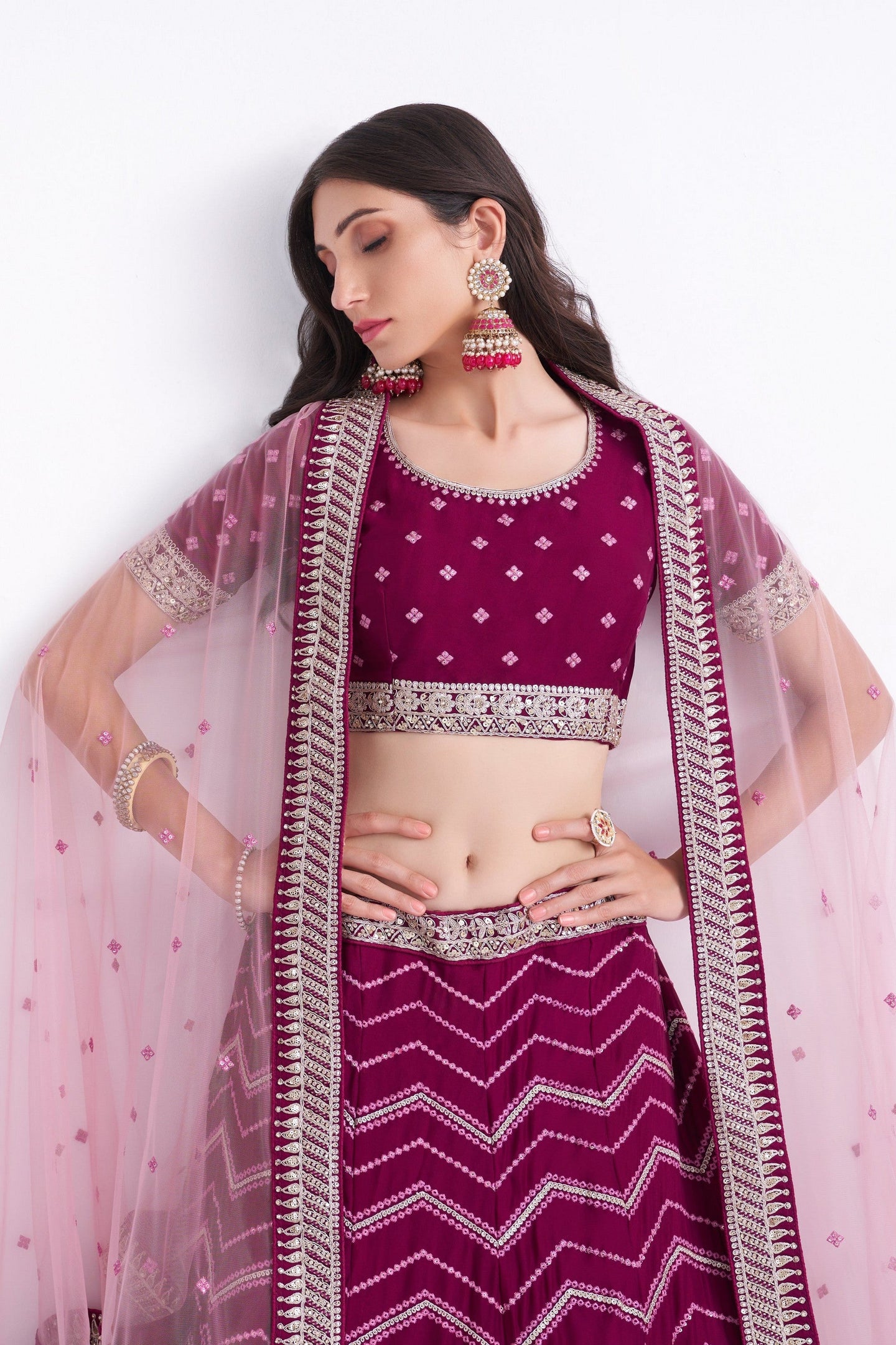 Magenta Pakistani Georgette Lehenga Choli For Indian Festivals & Weddings - Sequence Embroidery Work, Thread Embroidery Work, Codding Embroidery Work,