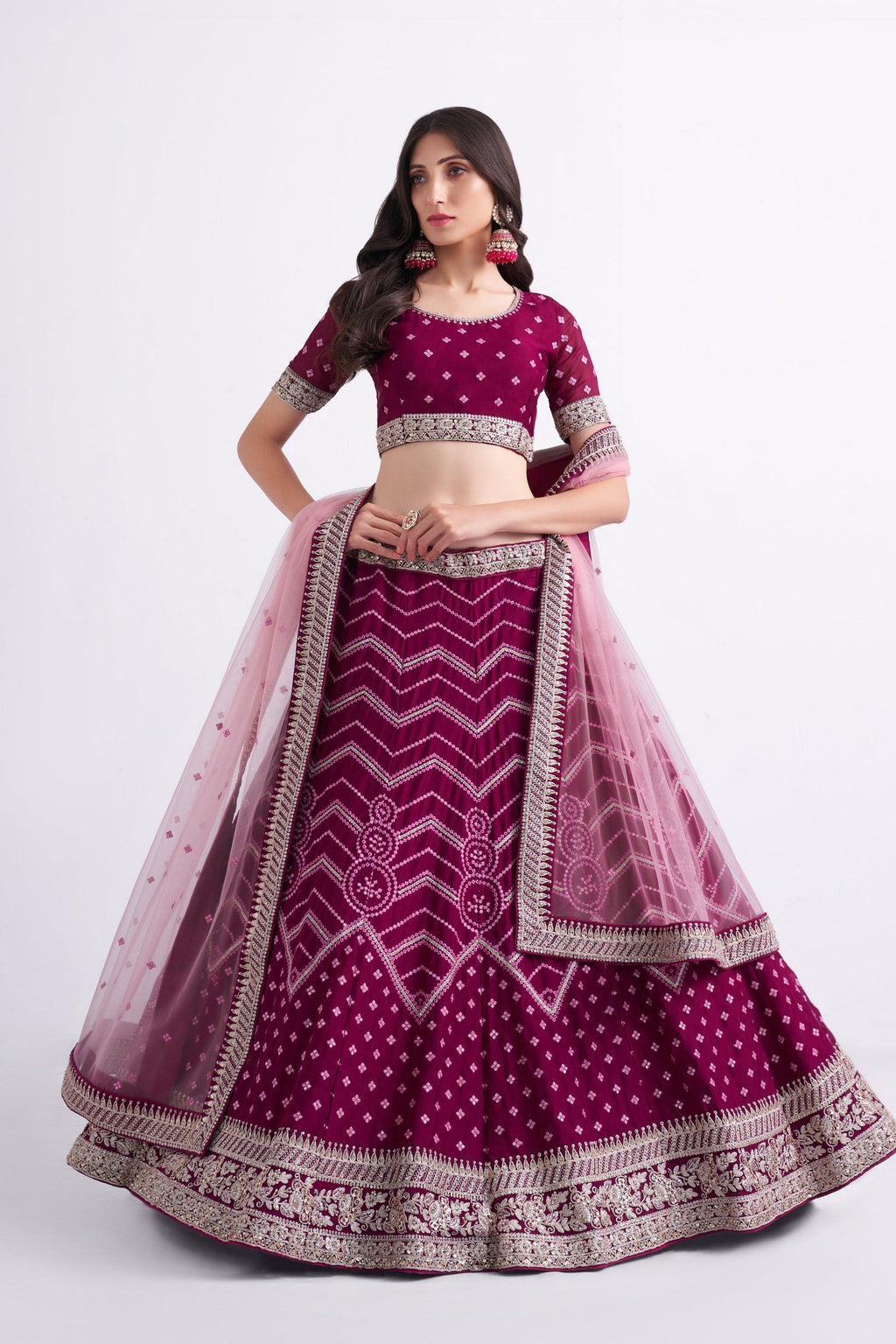 Magenta Pakistani Georgette Lehenga Choli For Indian Festivals & Weddings - Sequence Embroidery Work, Thread Embroidery Work, Codding Embroidery Work,