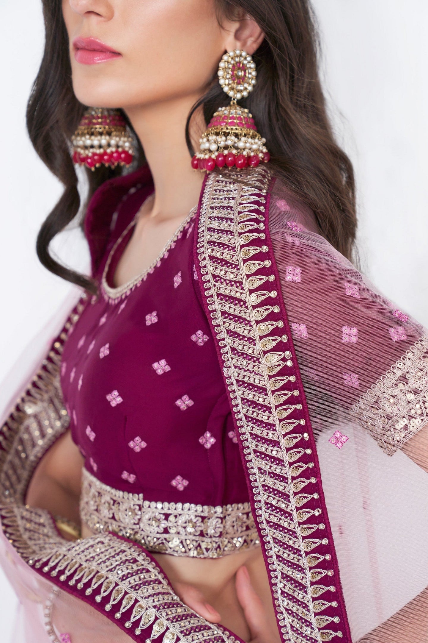 Magenta Pakistani Georgette Lehenga Choli For Indian Festivals & Weddings - Sequence Embroidery Work, Thread Embroidery Work, Codding Embroidery Work,
