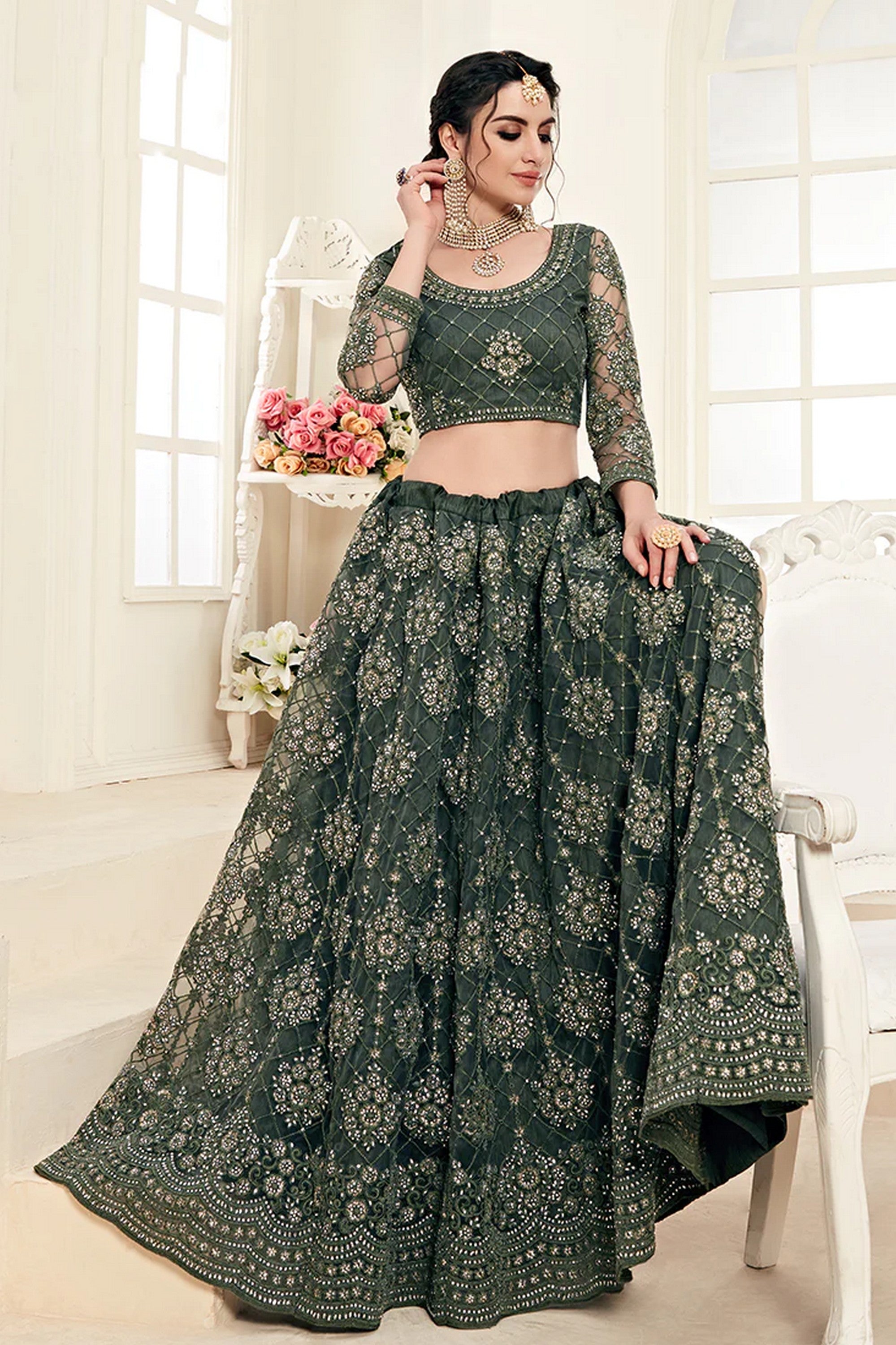 Mahendi Pakistani Net Lehenga Choli For Indian Festivals & Weddings - Thread Embroidery Work, Codding Embroidery Work, Badla Work