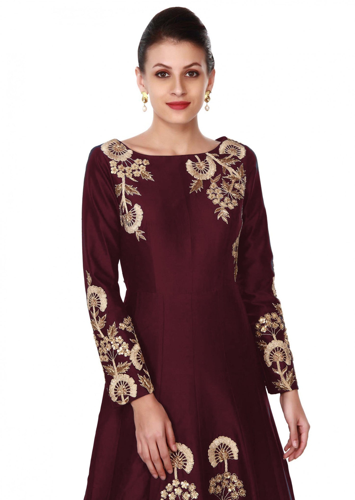 Maroon Indian Tafetta Gown For Indian Festival & Weddings - Sequence Embroidery Work, Zari Work, Dori Work