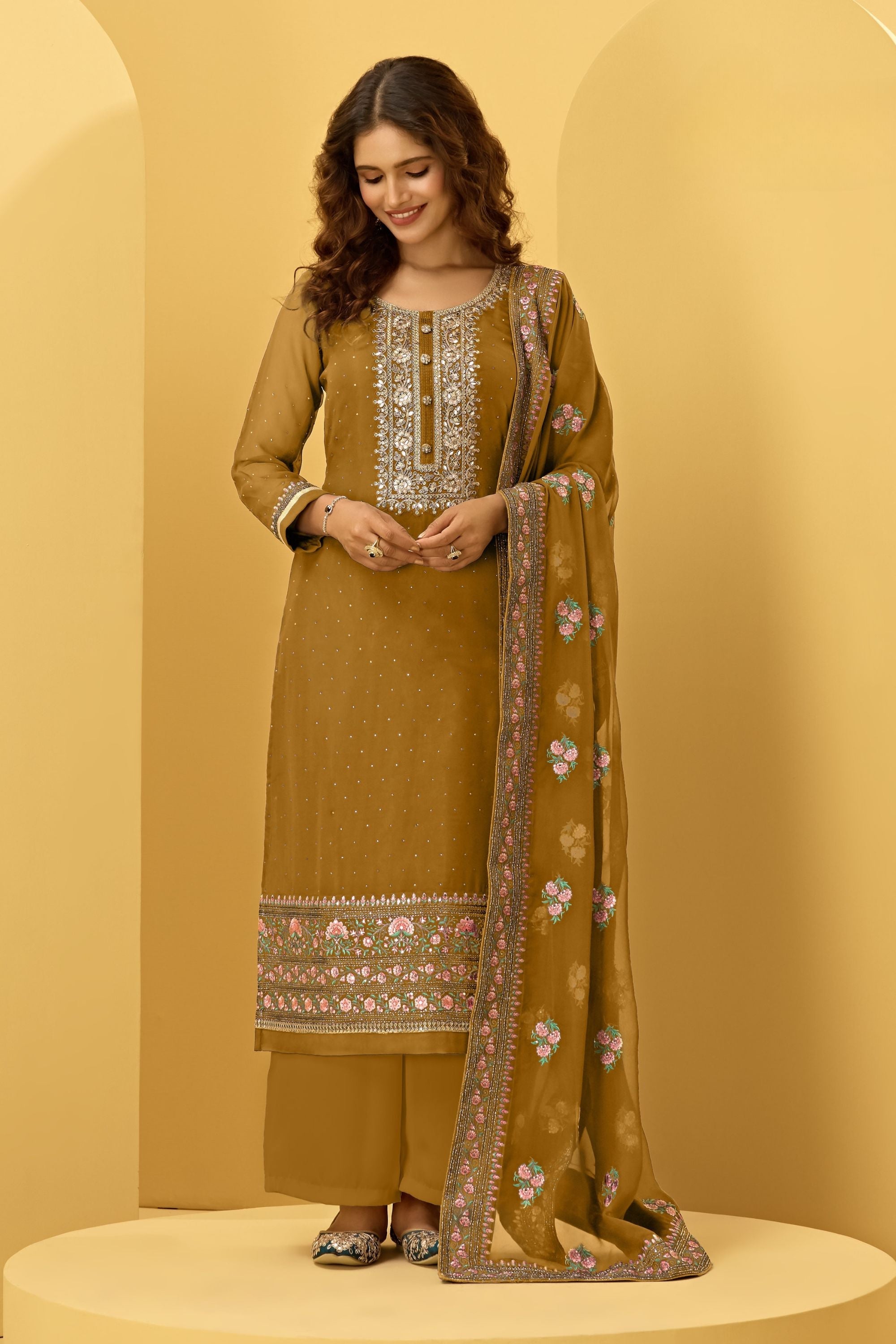 Maroon Pakistani Georgette Plazo For Indian Festivals & Weddings - Thread Embroidery Work, Swarovski Work