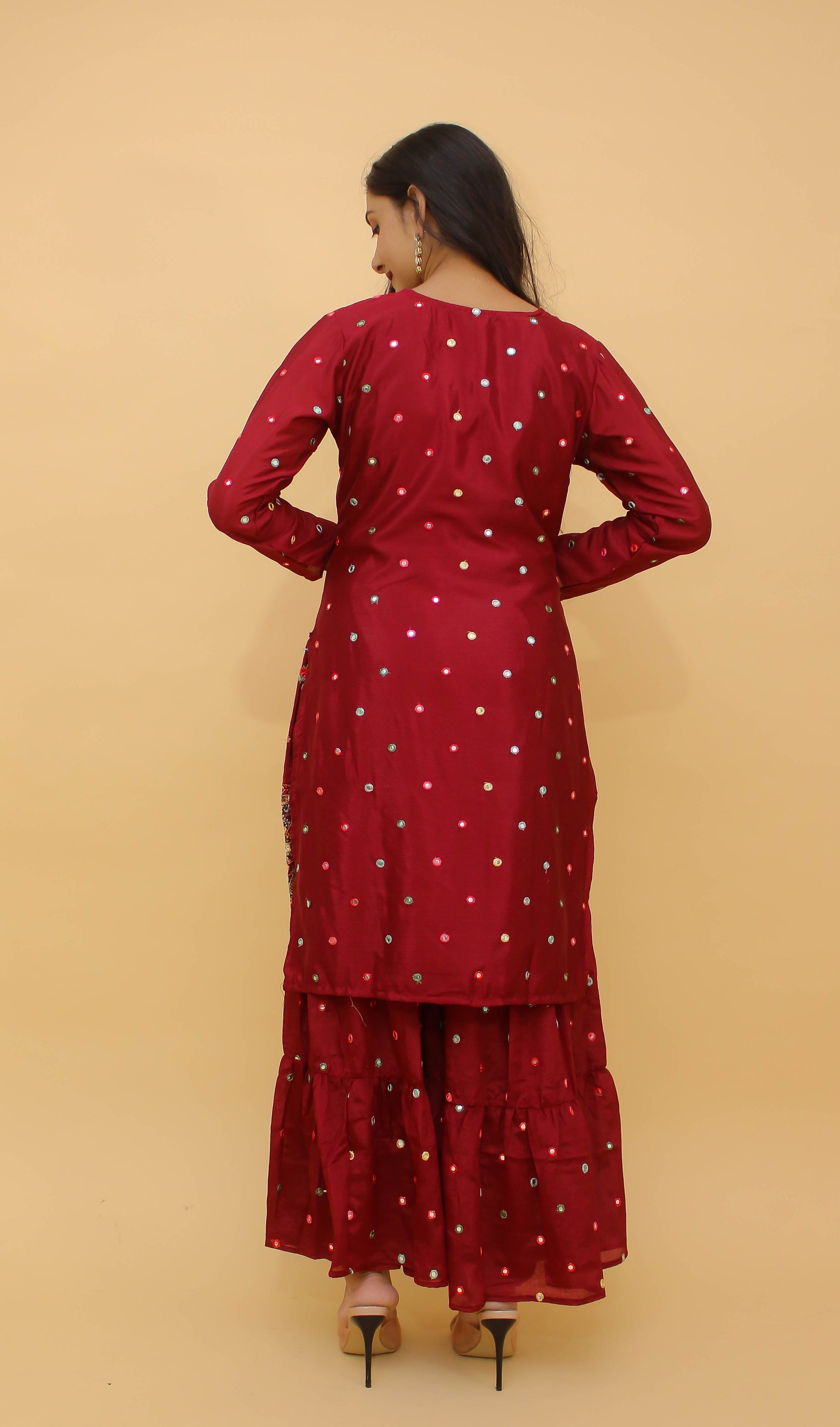 Maroon Pakistani Georgette Plazo Suit For Indian Festival & Weddings - Sequence Embroidery Work, Thread Embroidery Work, Foil Mirror Work,