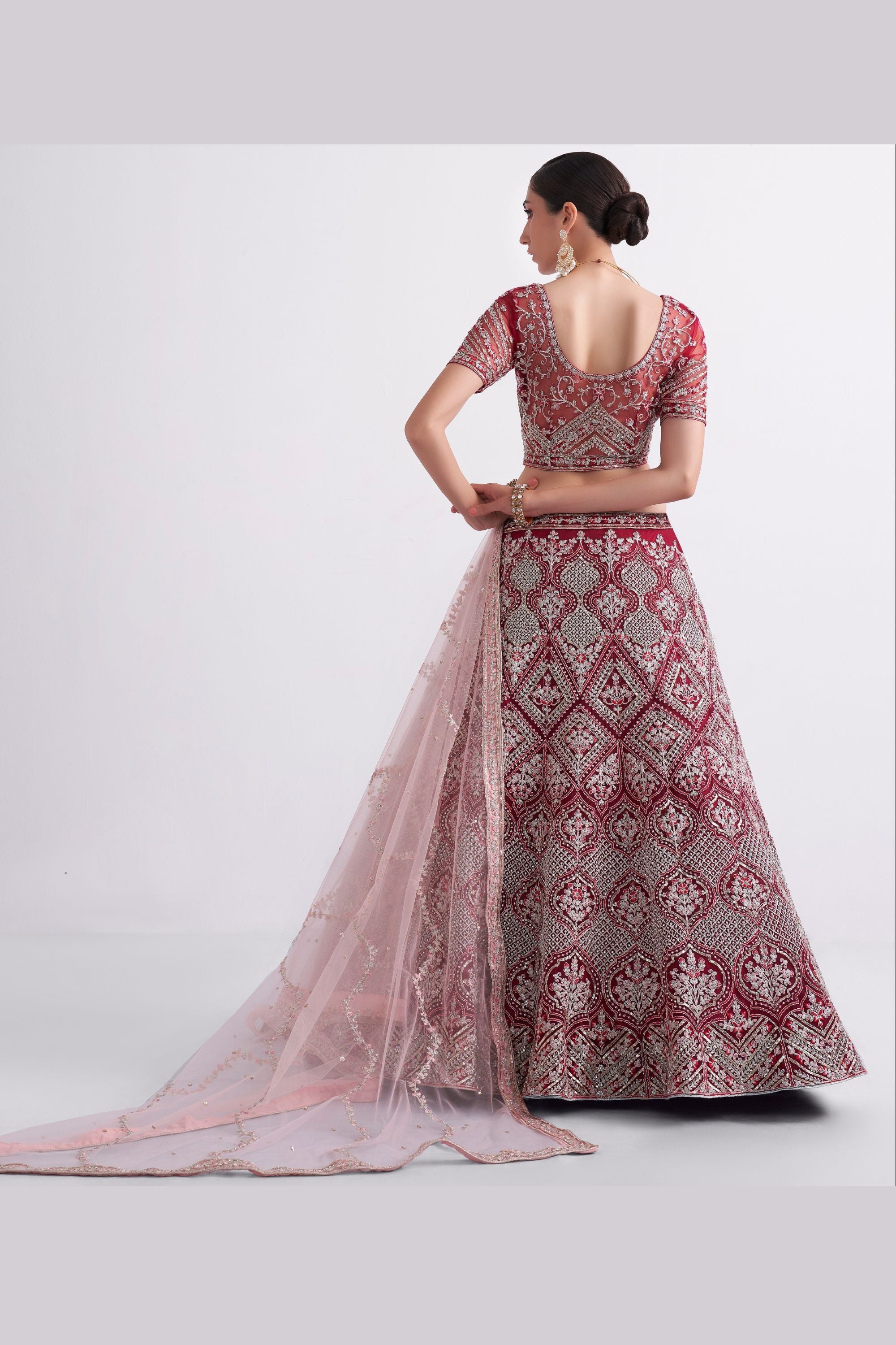Maroon Pakistani Net Lehenga Choli For Indian Festivals & Weddings - Sequence Embroidery Work, Thread Embroidery Work, Codding Embroidery Work, Zari Work, Zarkan Work