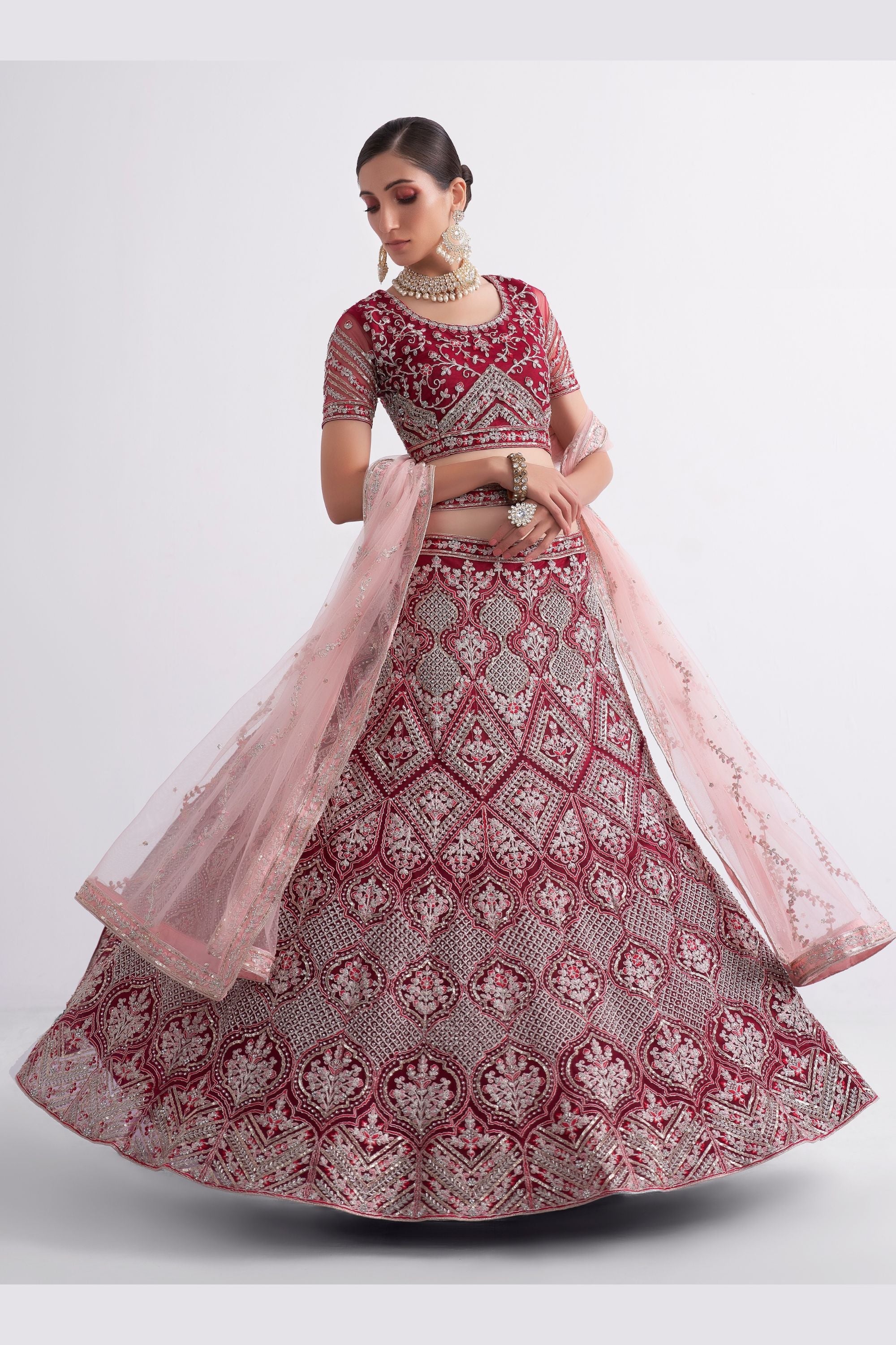 Maroon Pakistani Net Lehenga Choli For Indian Festivals & Weddings - Sequence Embroidery Work, Thread Embroidery Work, Codding Embroidery Work, Zari Work, Zarkan Work