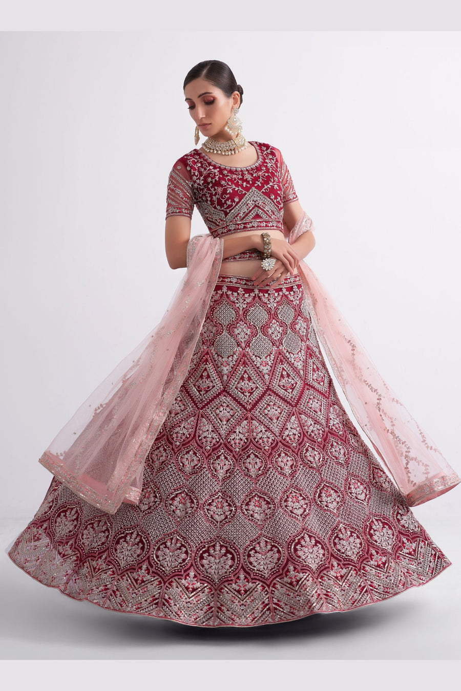 Maroon Pakistani Net Lehenga Choli For Indian Festivals & Weddings - Sequence Embroidery Work, Thread Embroidery Work, Codding Embroidery Work, Zari Work, Zarkan Work