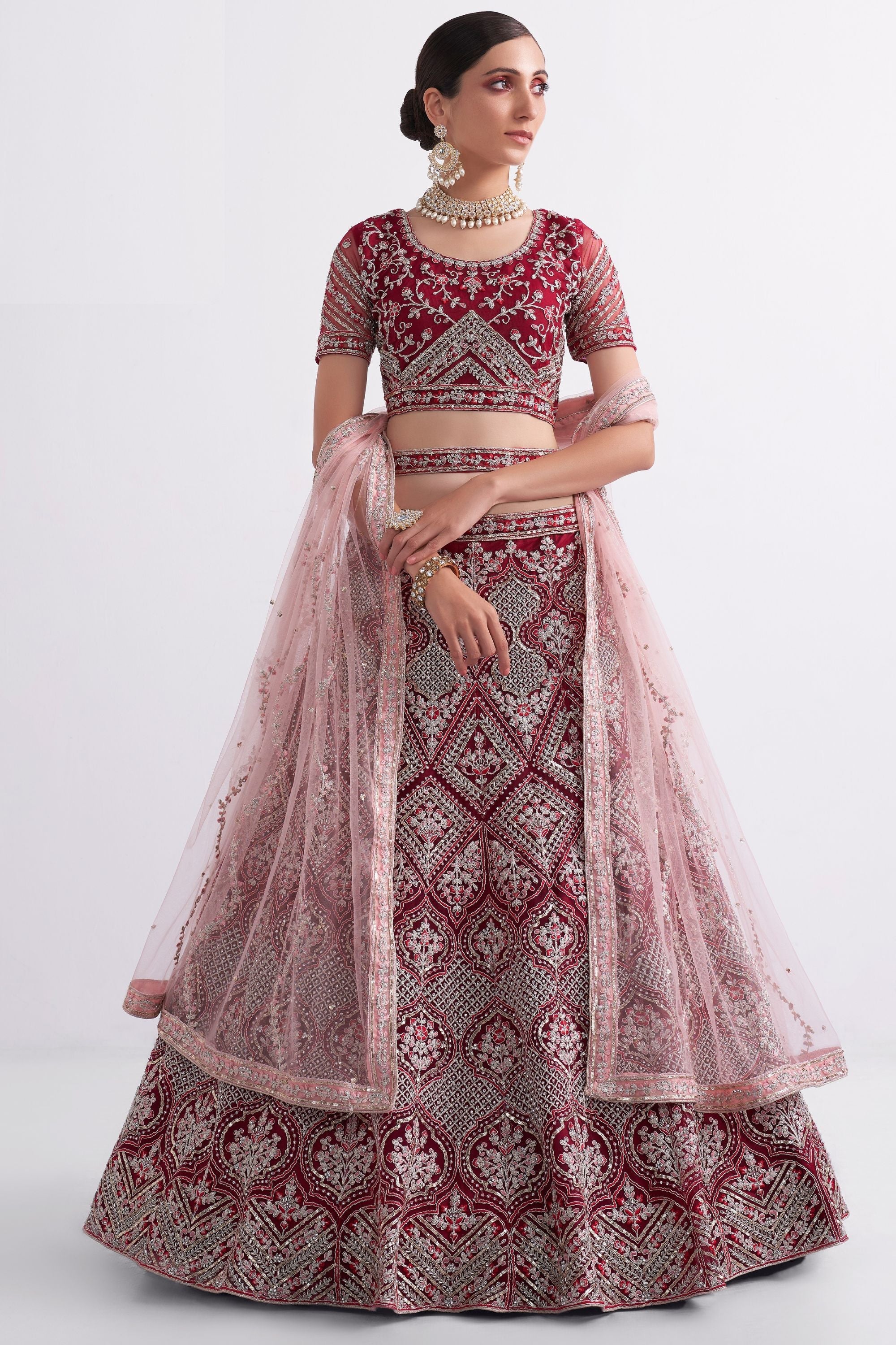 Maroon Pakistani Net Lehenga Choli For Indian Festivals & Weddings - Sequence Embroidery Work, Thread Embroidery Work, Codding Embroidery Work, Zari Work, Zarkan Work