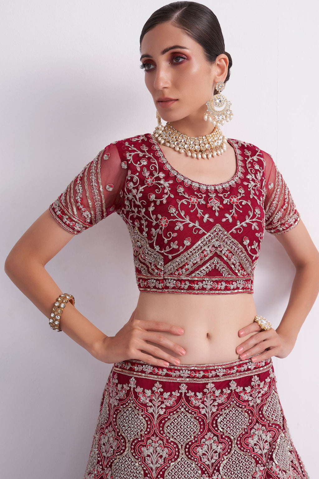 Maroon Pakistani Net Lehenga Choli For Indian Festivals & Weddings - Sequence Embroidery Work, Thread Embroidery Work, Codding Embroidery Work, Zari Work, Zarkan Work
