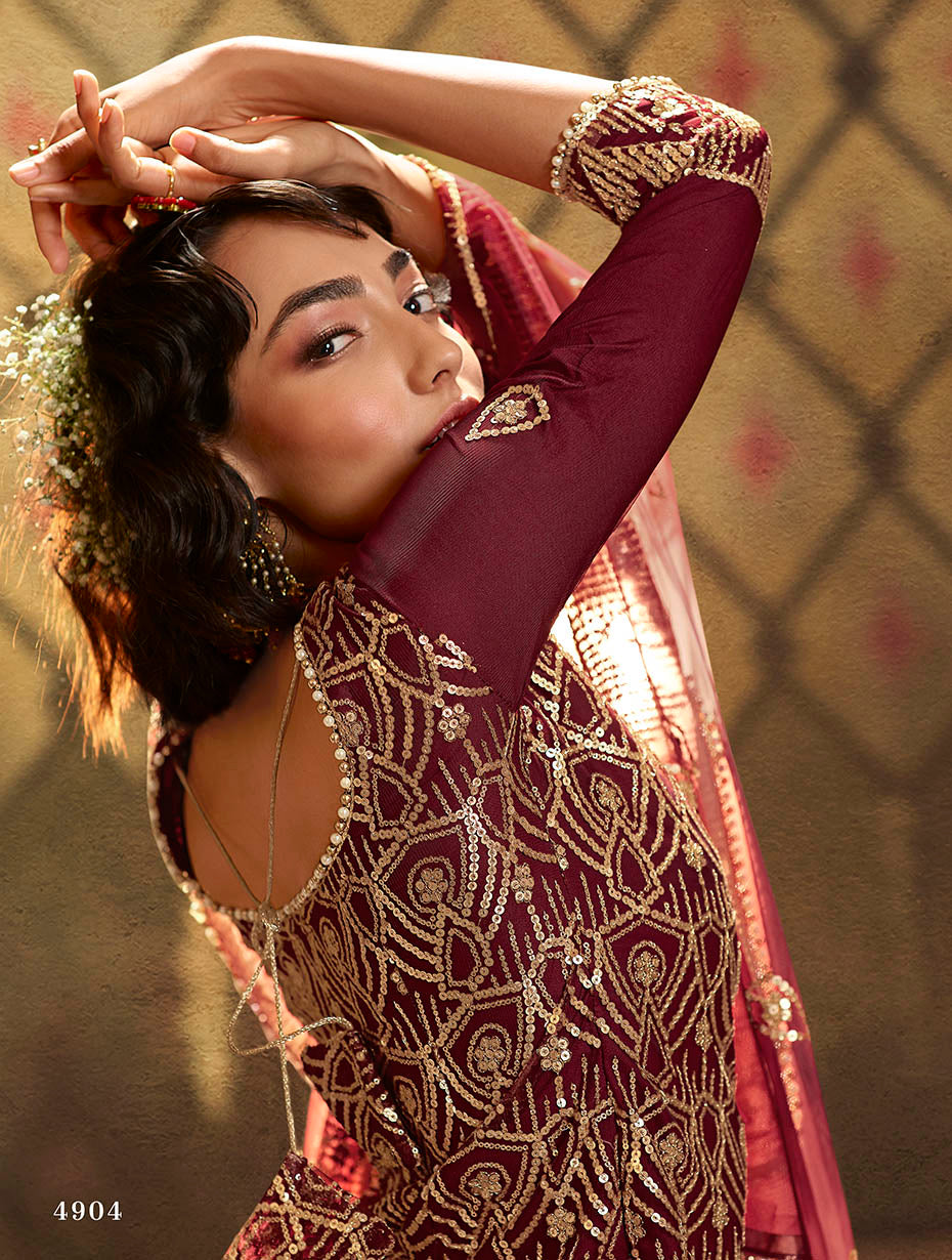 Maroon Pakistani Net Sharara For Festivals & Indian Weddings - Sequence Embroidery Work,