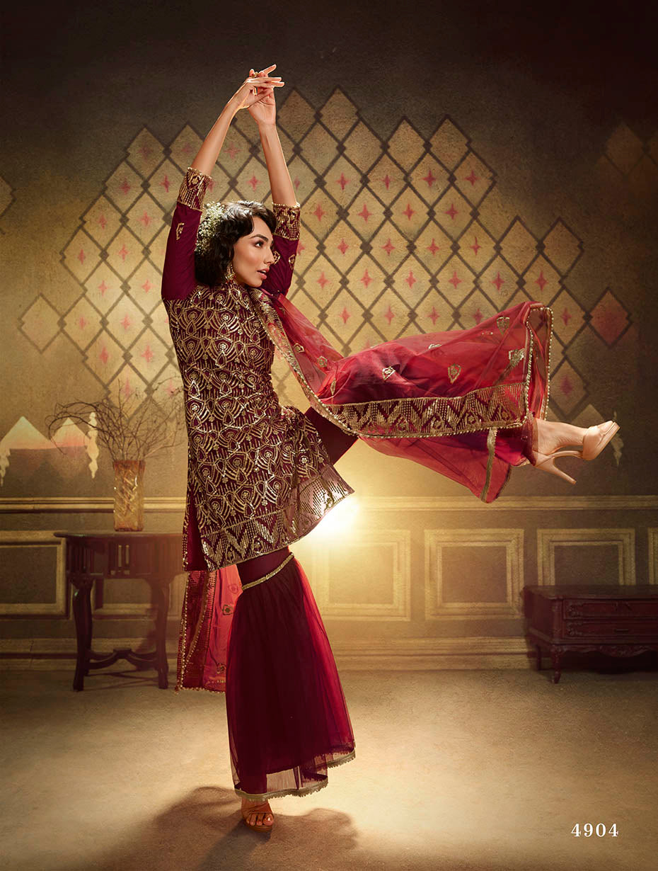 Maroon Pakistani Net Sharara For Festivals & Indian Weddings - Sequence Embroidery Work,