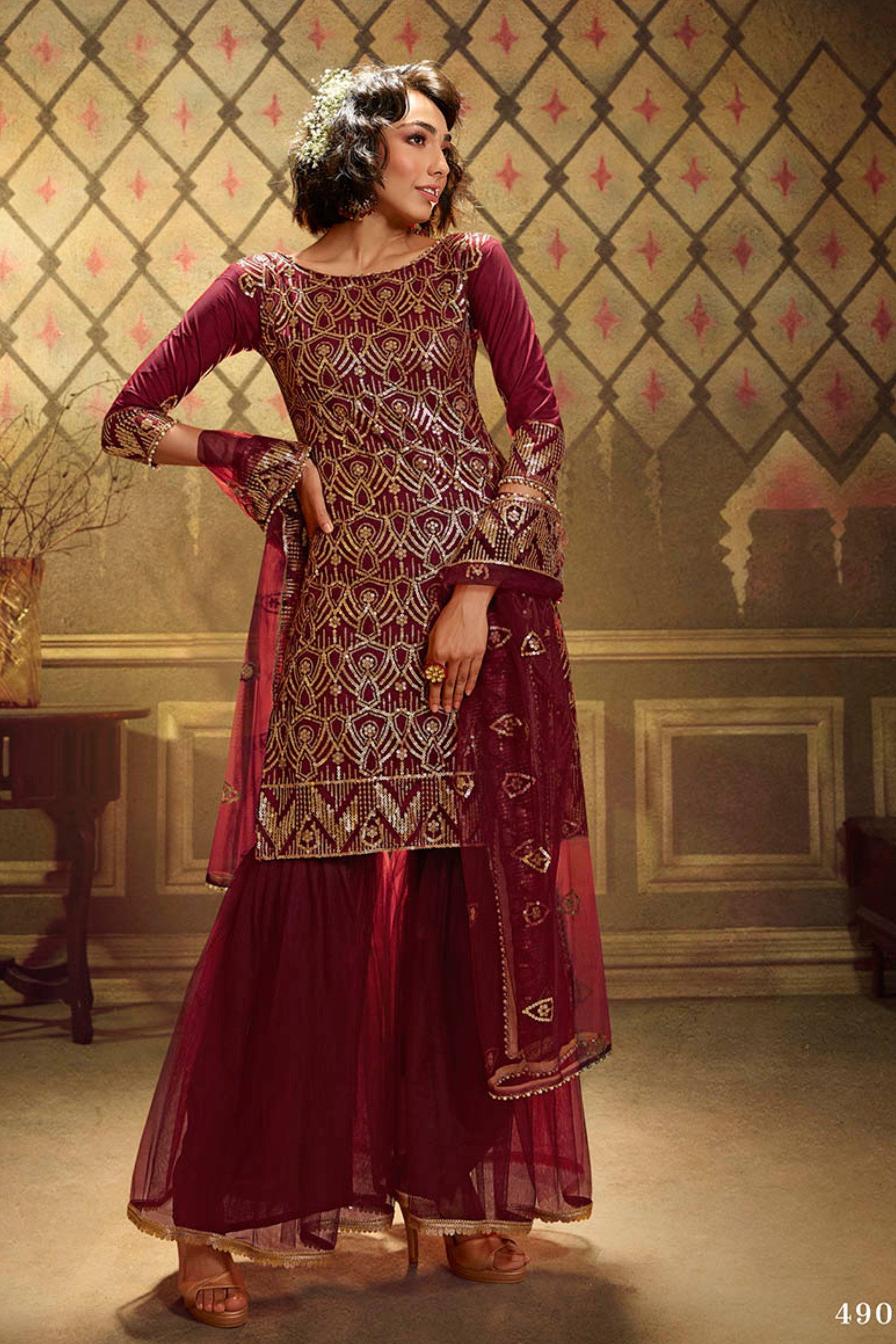 Maroon Pakistani Net Sharara For Festivals & Indian Weddings - Sequence Embroidery Work,