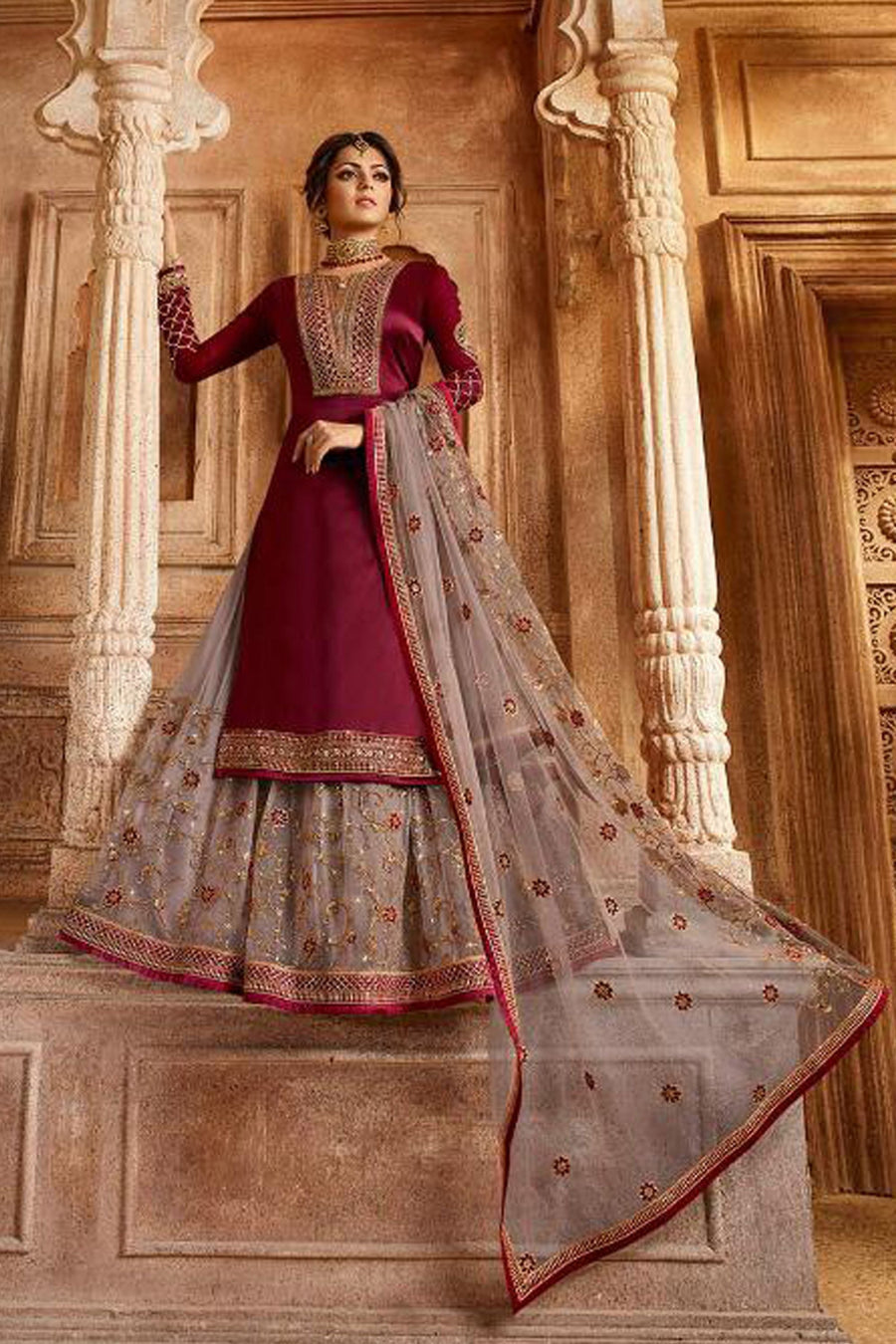 Maroon Pakistani Satin Georgette Salwar Kameez For Wedding & Festival - Embroidery Work