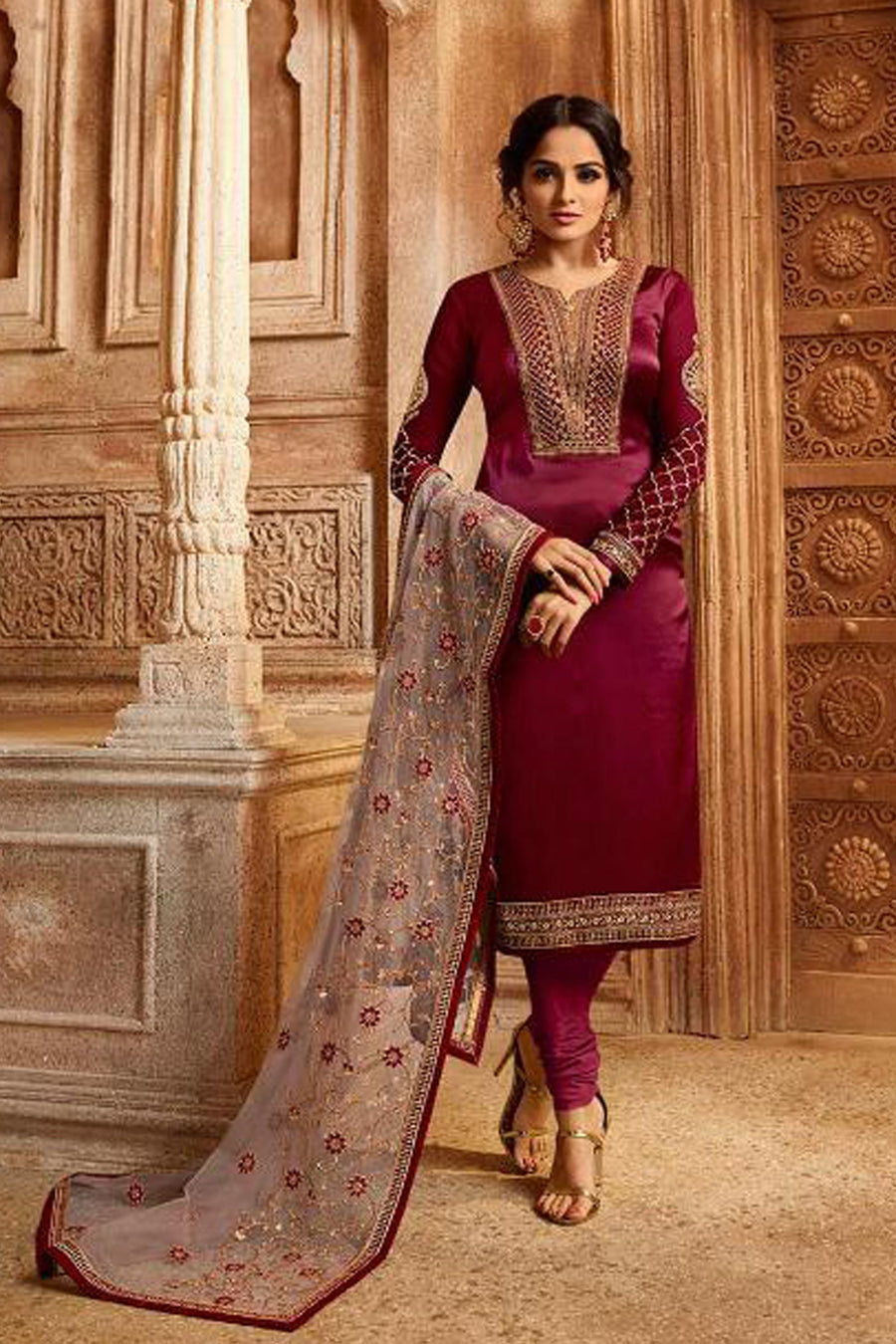 Maroon Pakistani Satin Georgette Salwar Kameez For Wedding & Festival - Embroidery Work