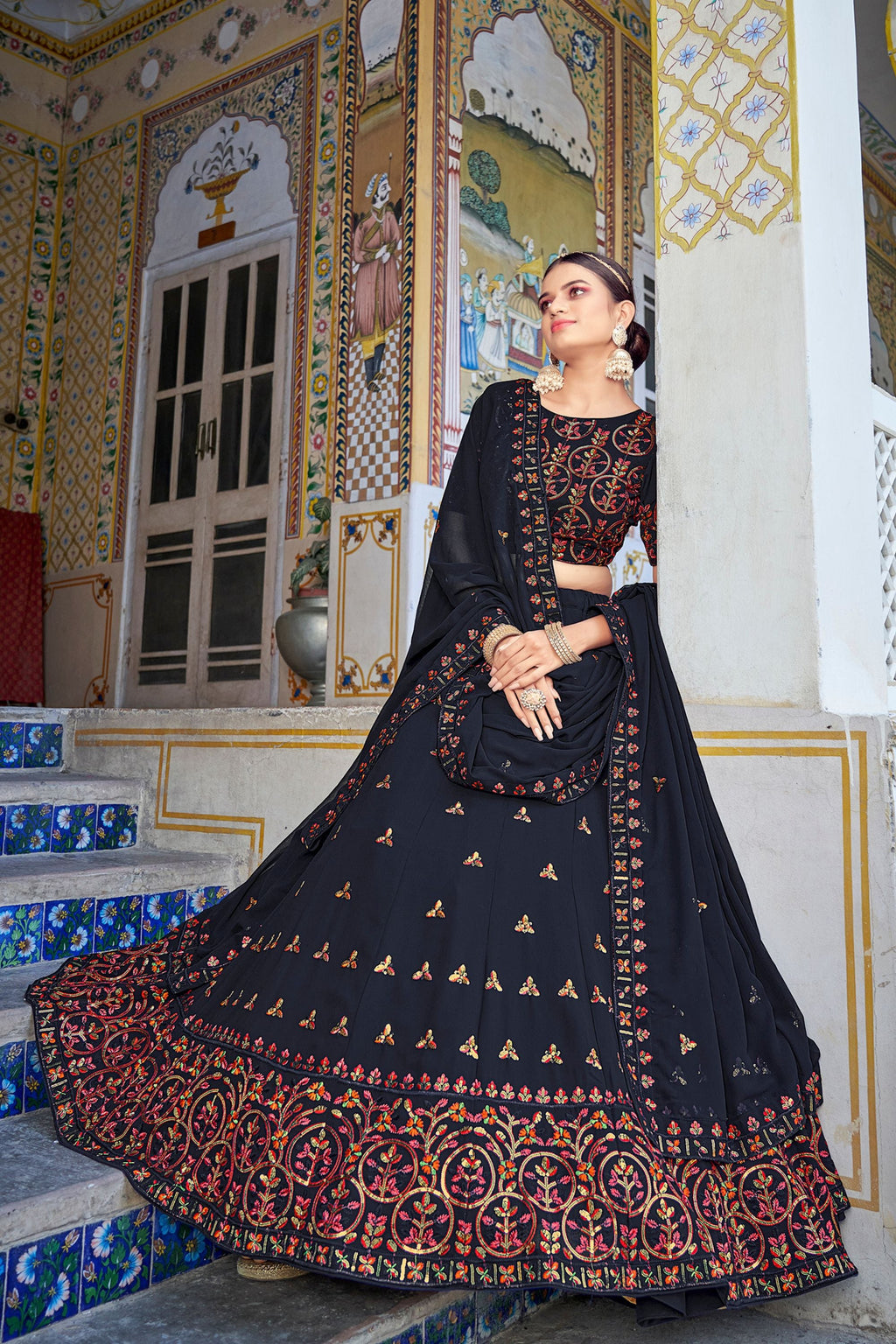 Navy Blue Georgette Lehenga Choli Set For Indian Festivals & Weddings - Thread Work & Sequence Embroidery Work