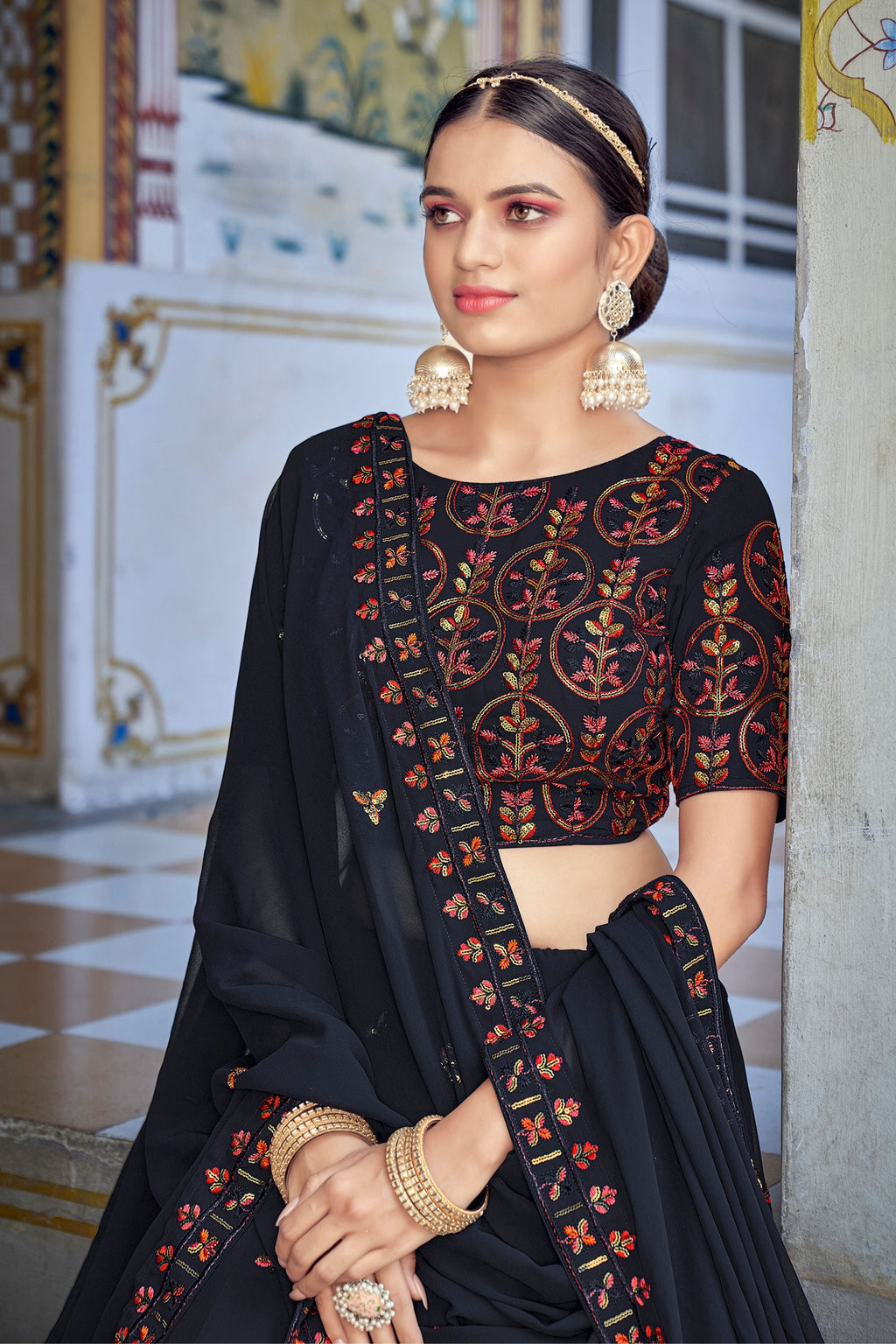 Navy Blue Georgette Lehenga Choli Set For Indian Festivals & Weddings - Thread Work & Sequence Embroidery Work