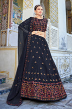 Navy Blue Georgette Lehenga Choli Set For Indian Festivals & Weddings - Thread Work & Sequence Embroidery Work