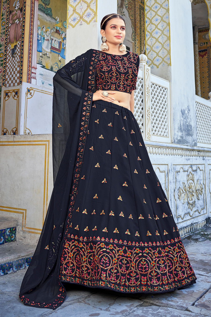 Navy Blue Georgette Lehenga Choli Set For Indian Festivals & Weddings - Thread Work & Sequence Embroidery Work