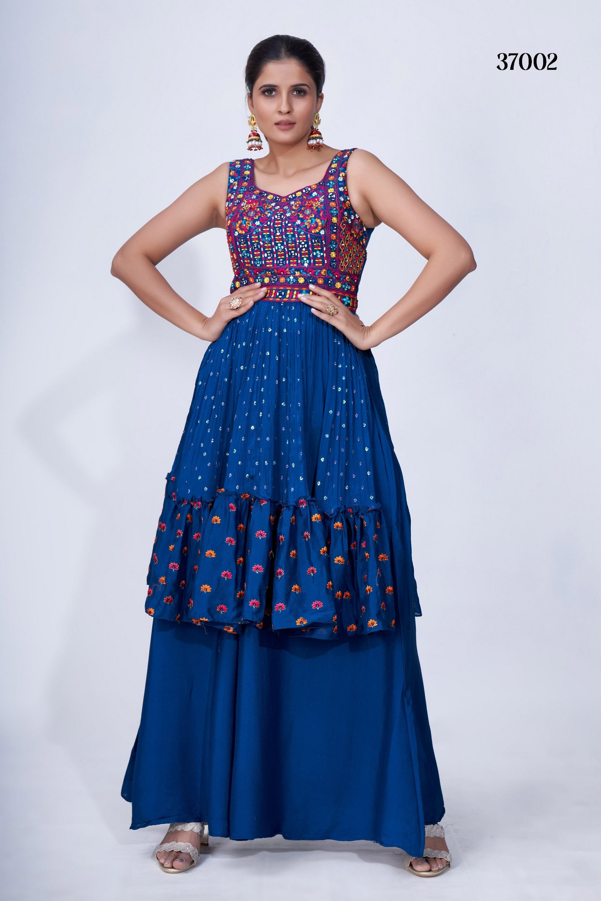 Navy Blue Pakistani Chiffon Plazo For Indian Festivals & Weddings - Thread Embroidery Work, Mirror Work