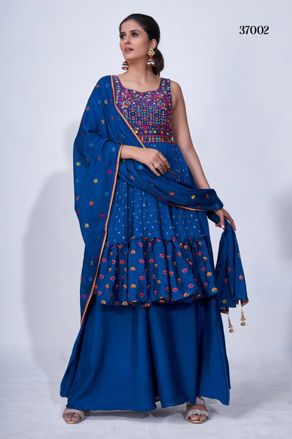 Navy Blue Pakistani Chiffon Plazo For Indian Festivals & Weddings - Thread Embroidery Work, Mirror Work