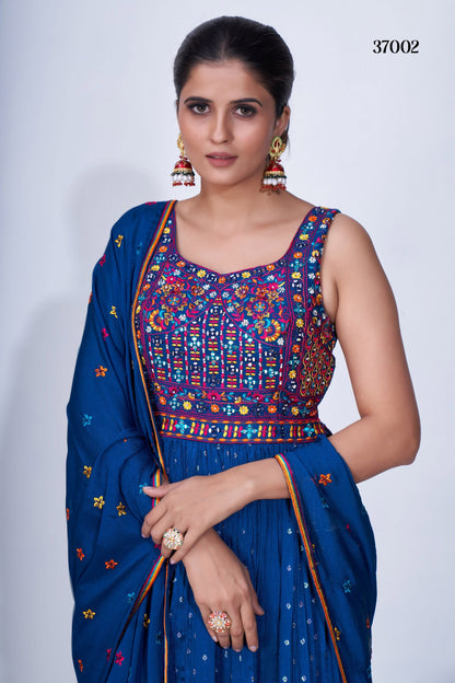 Navy Blue Pakistani Chiffon Plazo For Indian Festivals & Weddings - Thread Embroidery Work, Mirror Work