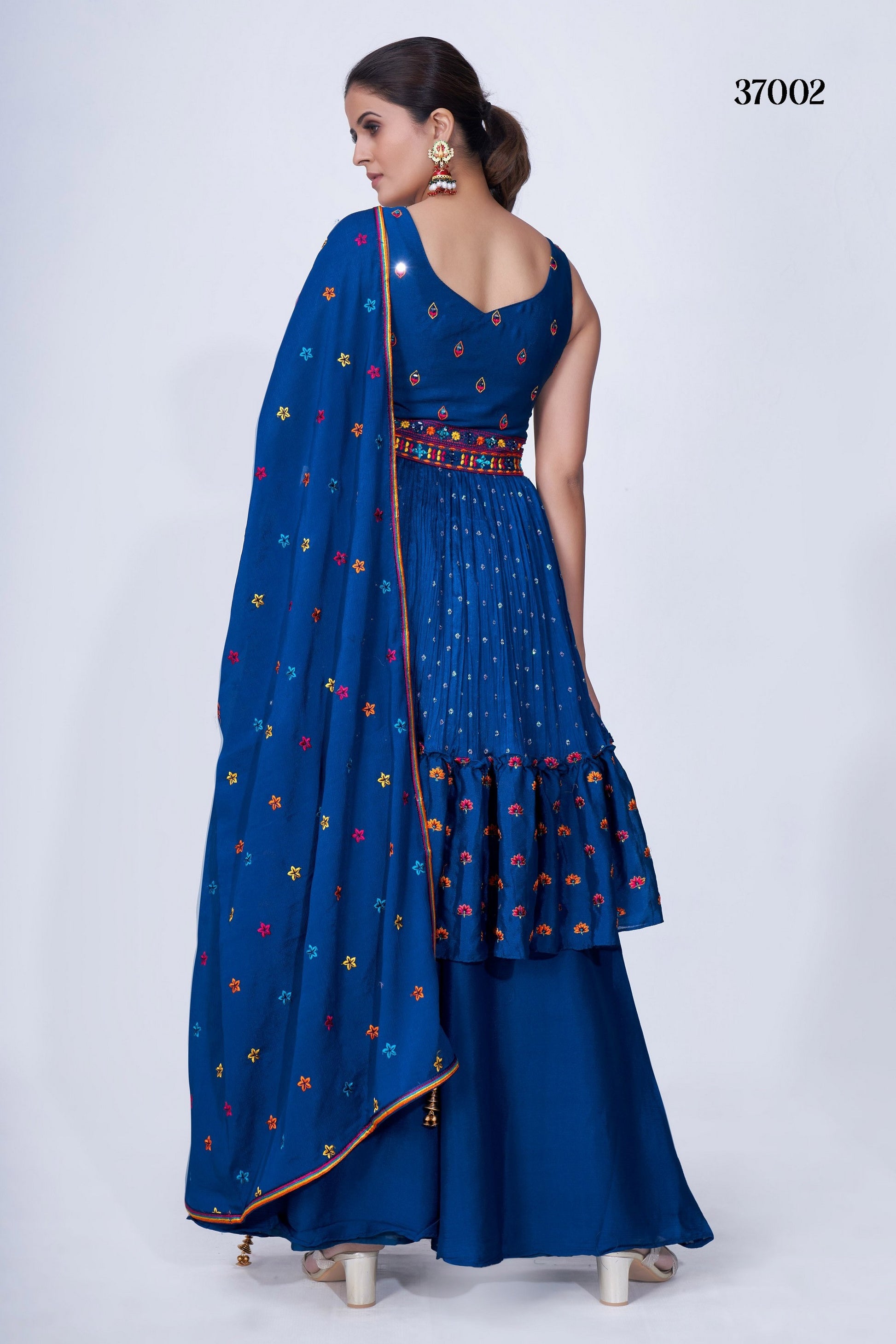 Navy Blue Pakistani Chiffon Plazo For Indian Festivals & Weddings - Thread Embroidery Work, Mirror Work