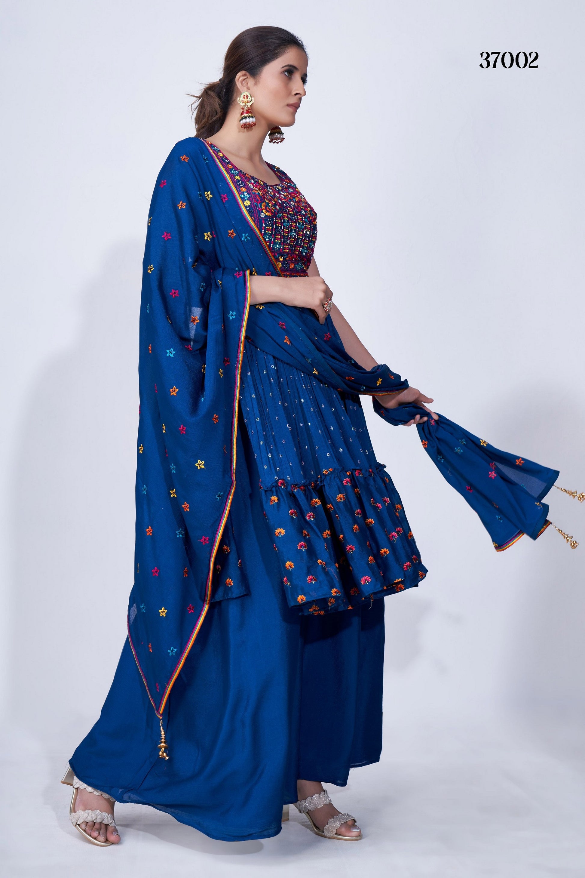 Navy Blue Pakistani Chiffon Plazo For Indian Festivals & Weddings - Thread Embroidery Work, Mirror Work