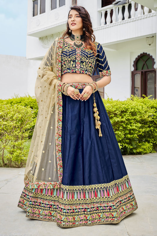 Navy Blue Pakistani Silk Lehenga Choli For Indian Festivals & Weddings - Sequence Embroidery Work,