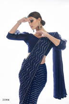 Navy Blue Pakistani Georgette Saree For Indian Festival & Weddings - Sequence Embroidery Work, Thread Embroidery Work,