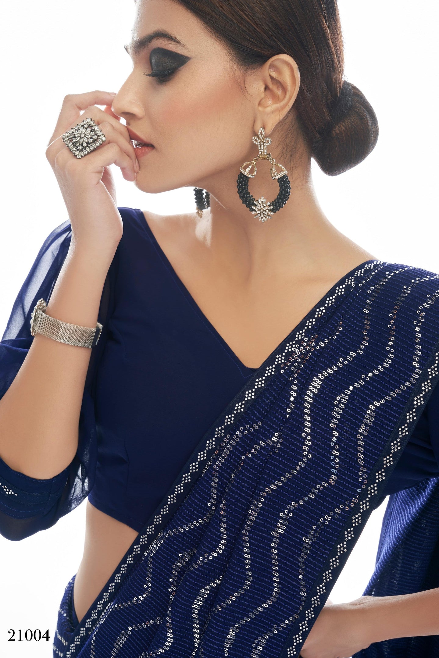 Navy Blue Pakistani Georgette Saree For Indian Festival & Weddings - Sequence Embroidery Work, Thread Embroidery Work,