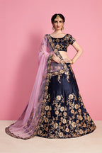 Navy Blue Pakistani Velvet Silk Lehenga Choli For Indian Festival & Weddings - Sequence Embroidery Work, Zari Work, Dori Work