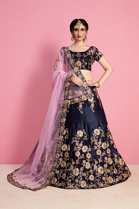 Navy Blue Pakistani Velvet Silk Lehenga Choli For Indian Festival & Weddings - Sequence Embroidery Work, Zari Work, Dori Work