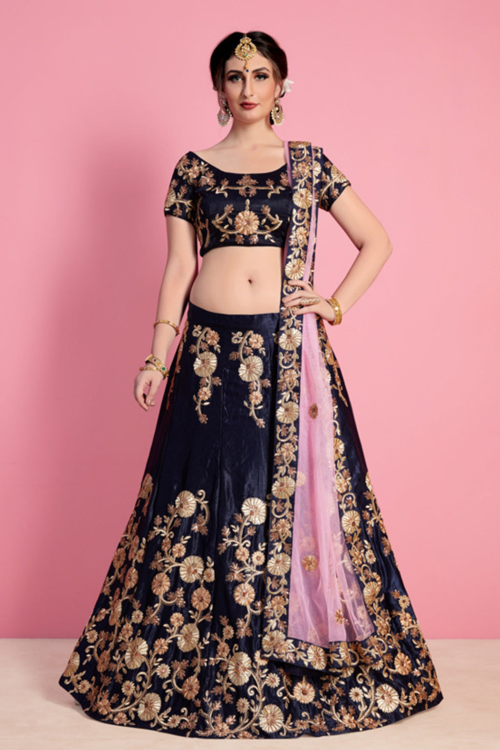 Navy Blue Pakistani Velvet Silk Lehenga Choli For Indian Festival & Weddings - Sequence Embroidery Work, Zari Work, Dori Work