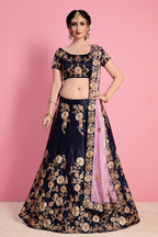 Navy Blue Pakistani Velvet Silk Lehenga Choli For Indian Festival & Weddings - Sequence Embroidery Work, Zari Work, Dori Work